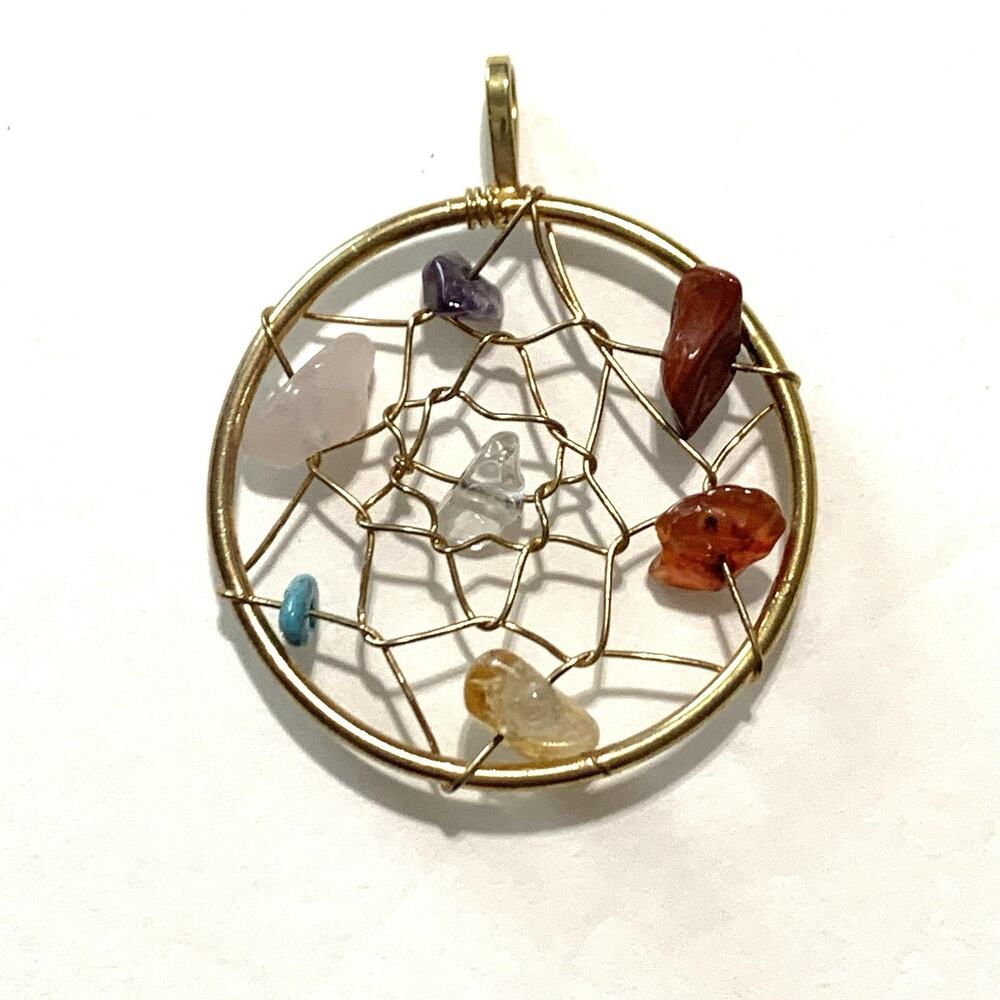 Vintage Dreamcatcher Pendant Mixed Gemstone Chip Gold Tone Wire Wrapped Handmade